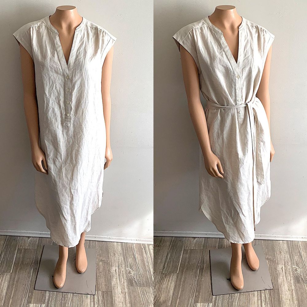 Gap Flax Linen Tie Waist Button Front Midi Dress
